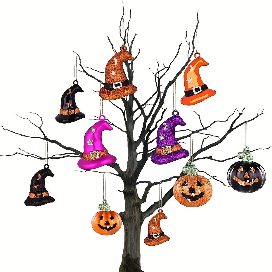 Twenty-seven Halloween tree decorations with pumpkin witch hats crammed indoors and outdoors on Halloween trees.