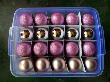 Colored Christmas balls, plastic plastered Christmas decorations in boxes 4 to 5 and 6 and Christmas decorations.