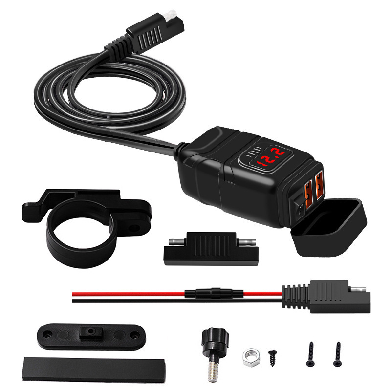 Motorcycle double USB mobile charger 12V fastener with hydraulic-pressure-resistant meter retrofitting parts distributed