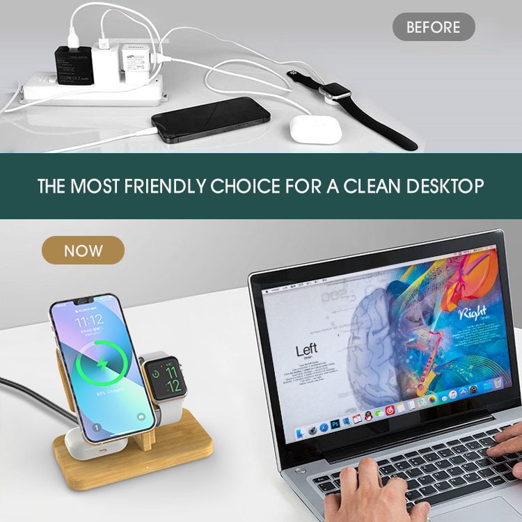 竹子三合一桌面无线充支架 兼容Magsafe手机Airpods耳机Watch手表