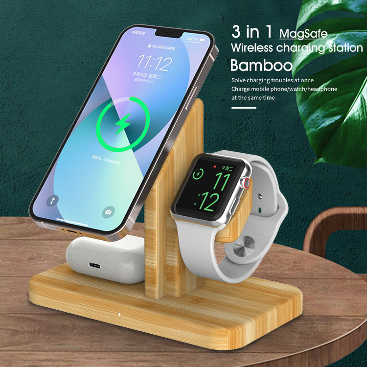 Three pairs of bamboo on a desktop wireless loader compatible with Magsafe's Airpods headphone watch watch.