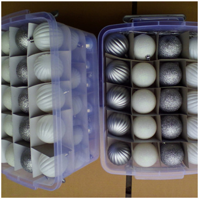 Colored Christmas balls, plastic plastered Christmas decorations in boxes 4 to 5 and 6 and Christmas decorations.