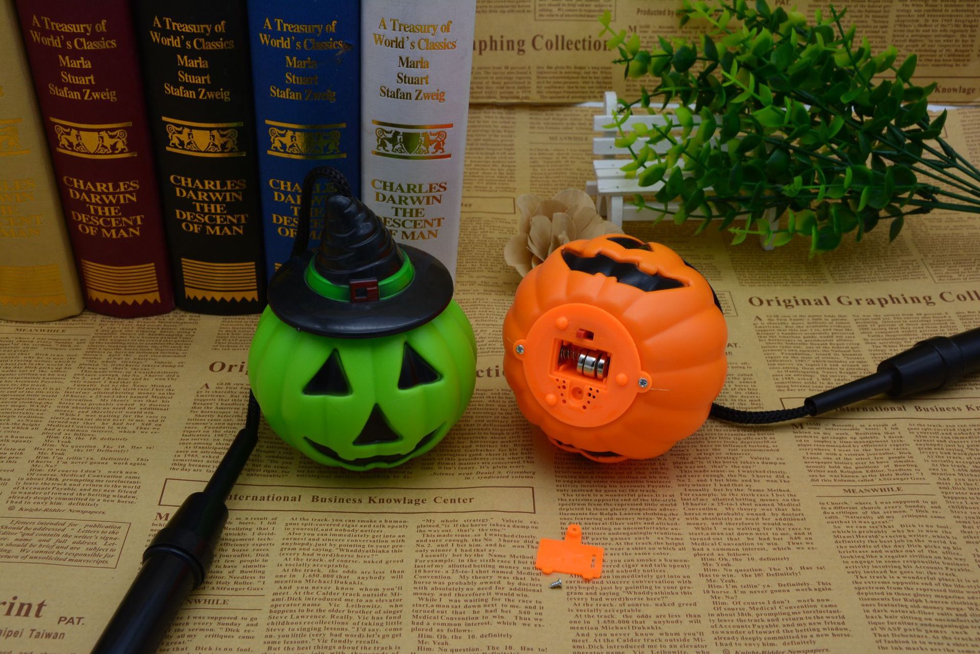 Pumpkin lanterns with their hands radiantly singing Pumpkin lanterns with Halloween decorations for children