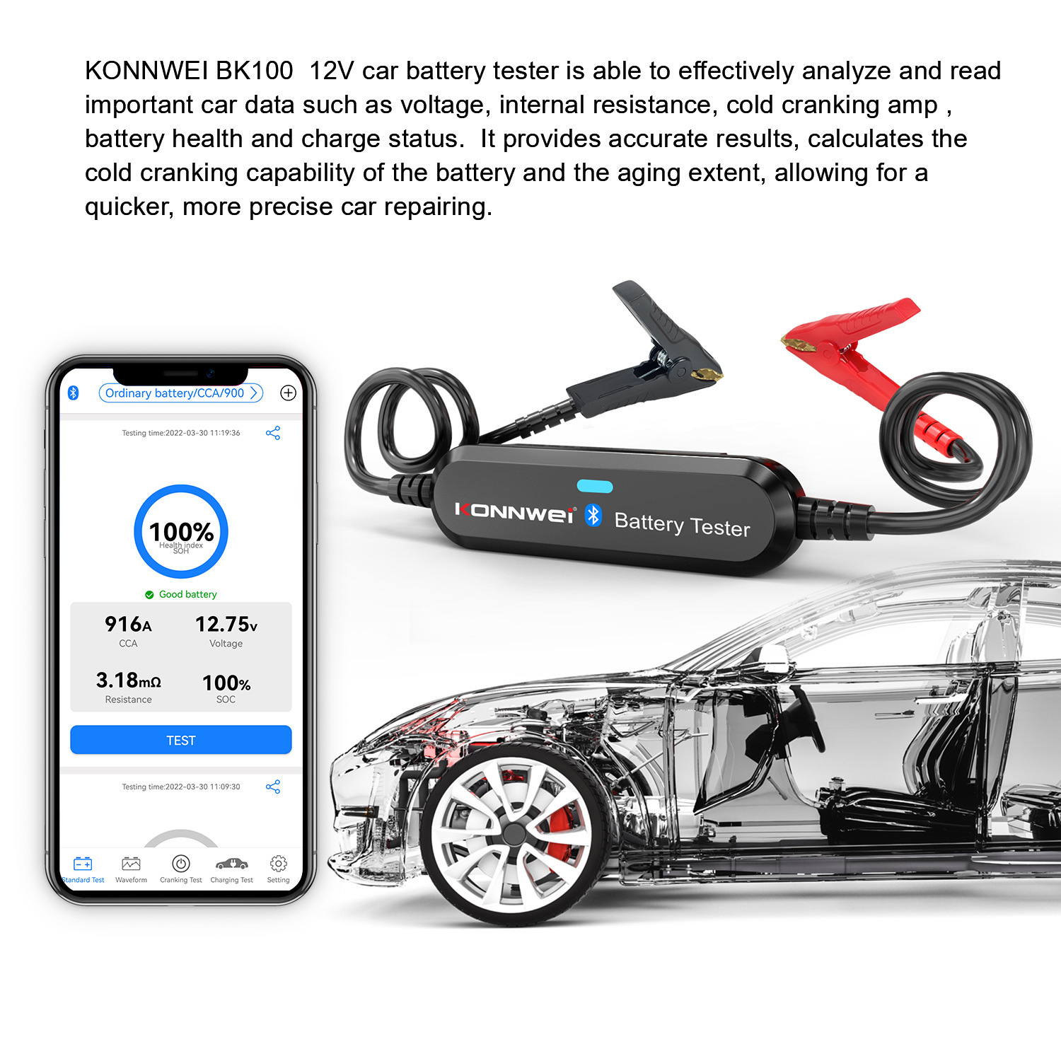 BK100, Bluetooth 4.0 5.06V-12V car battery detector