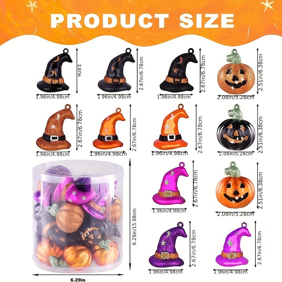 Twenty-seven Halloween tree decorations with pumpkin witch hats crammed indoors and outdoors on Halloween trees.