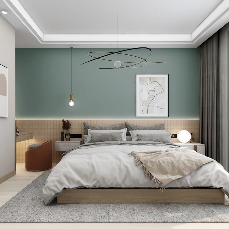 Bức tường màu xanh bao phủ toàn bộ phòng ngủ màu xanh lá cây của khách sạn thở ra tường.