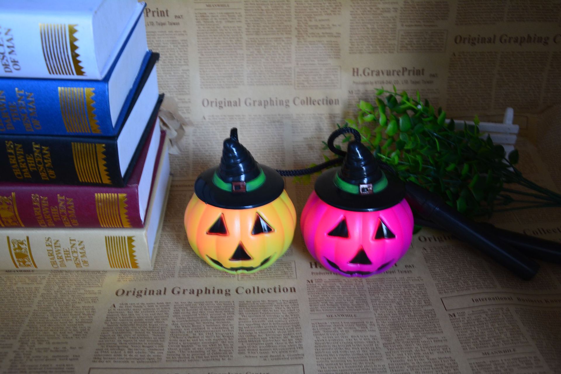 Pumpkin lanterns with their hands radiantly singing Pumpkin lanterns with Halloween decorations for children