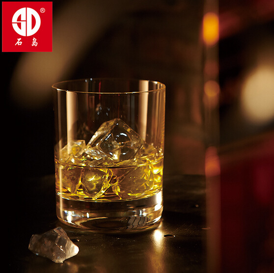 Transparent crystal glass, glass of whiskey, glass of wine.