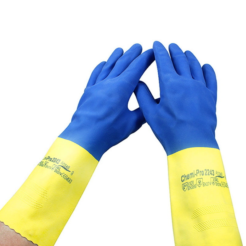 Ansel 2243 Two-colour chlorobutyel slid-resistant alkali petrochemical protective gloves