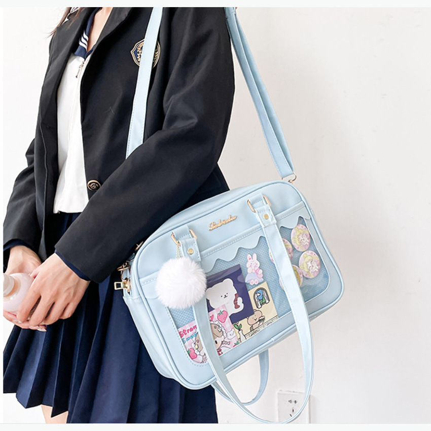 PU soft-skinned schoolgirls with one-shoulder-packs, double-slanted buns.
