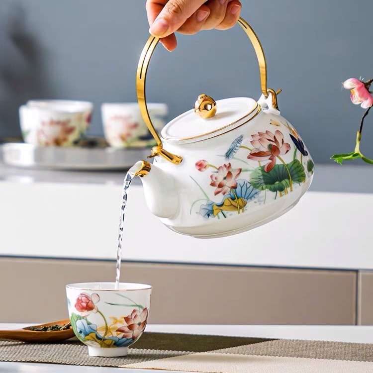 可定製性價比一壺四杯水具茶具套裝盛世荷花提樑壺客廳家用套裝