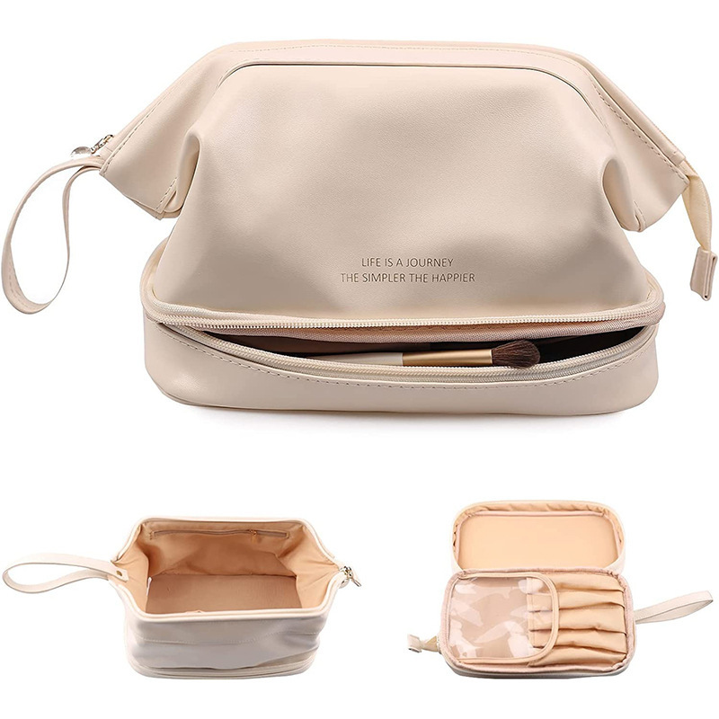The lady with the makeup bag has a large capacity of 2024 new multi-separated pink PU-skin bag for washing and washing.