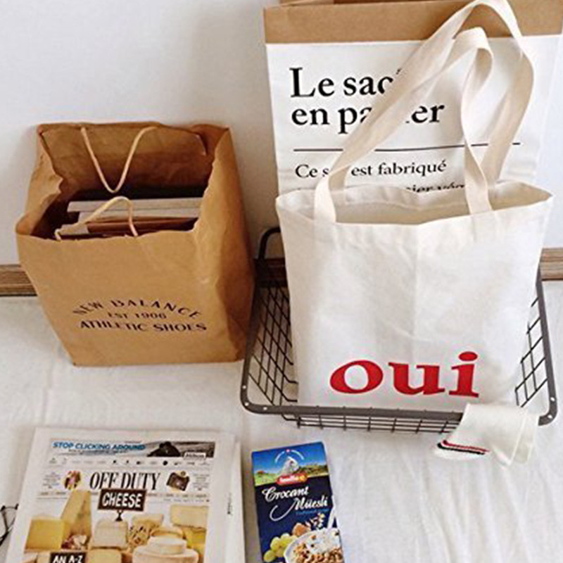 Korean-language oui-letter cotton-shopping bag, handheld cotton bags, cash, white logo one-shoulder rags.
