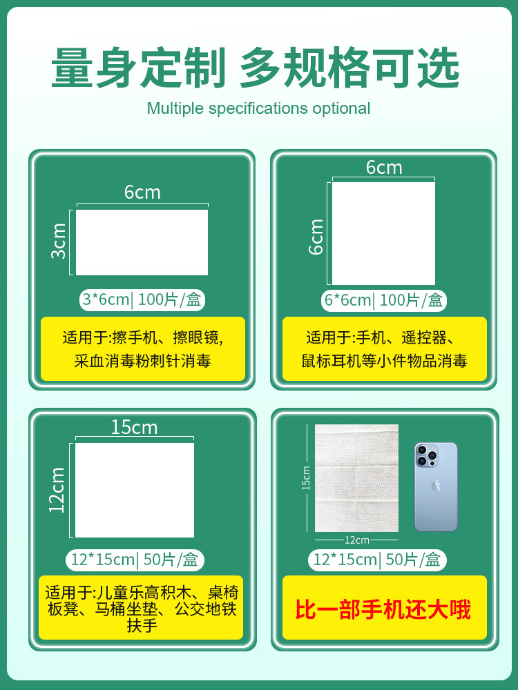 대형 75도 살균 팩, 독립적으로 포장, 향수없는 젖은 수건.