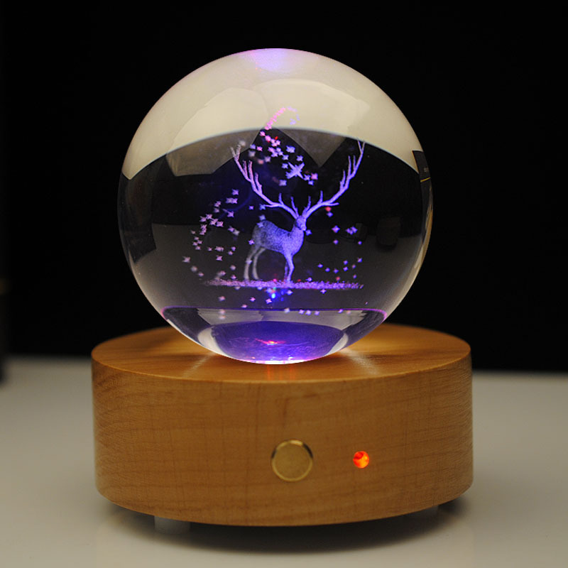 Creative Wood Lamps, a blue-legged crystal music box, and a Valentine's Day gift box.