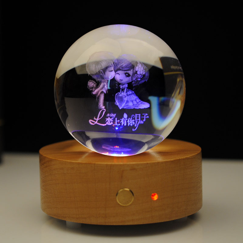 Creative Wood Lamps, a blue-legged crystal music box, and a Valentine's Day gift box.