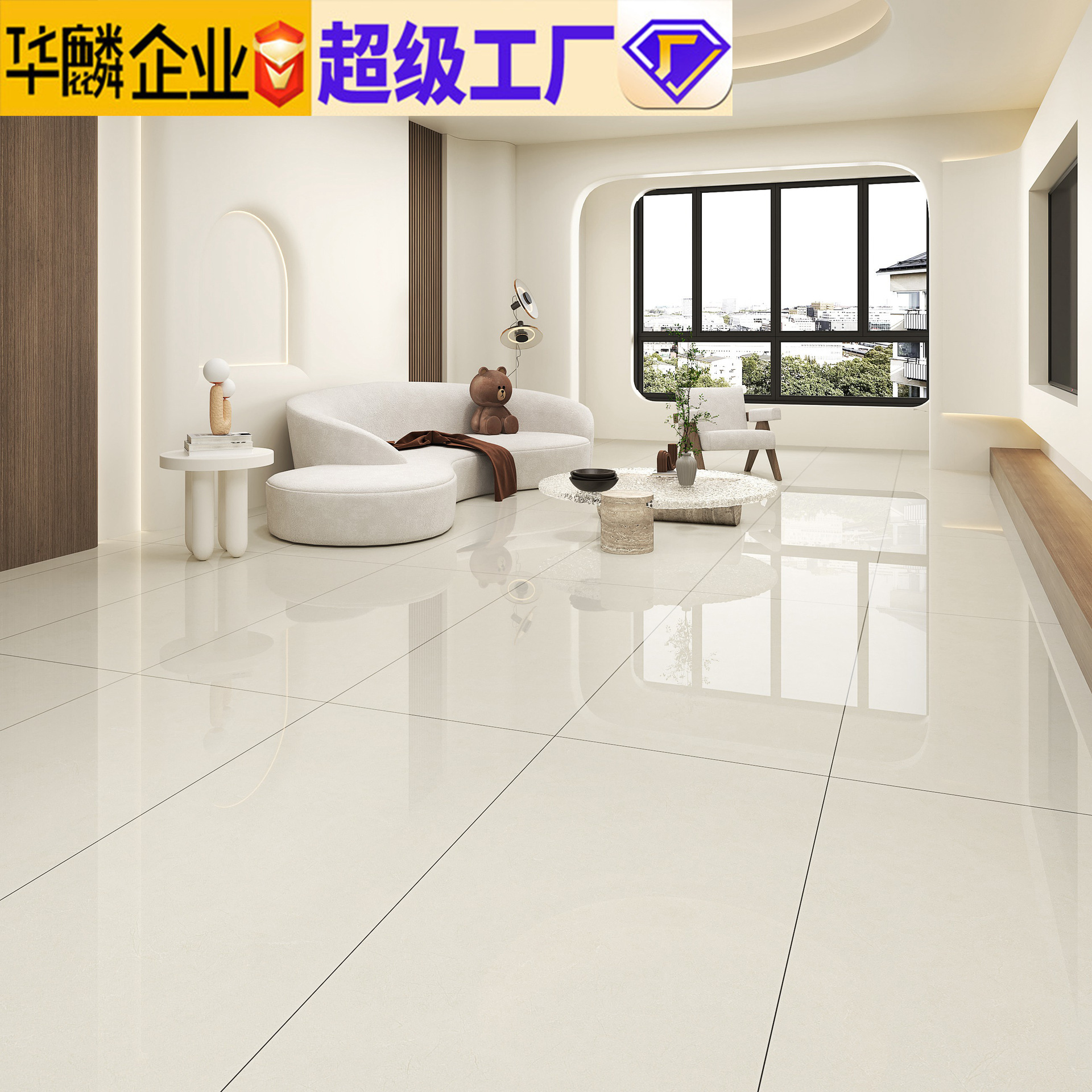 The Foshan factory tile 600 x 1200 deep gray floors in the Brick living room.