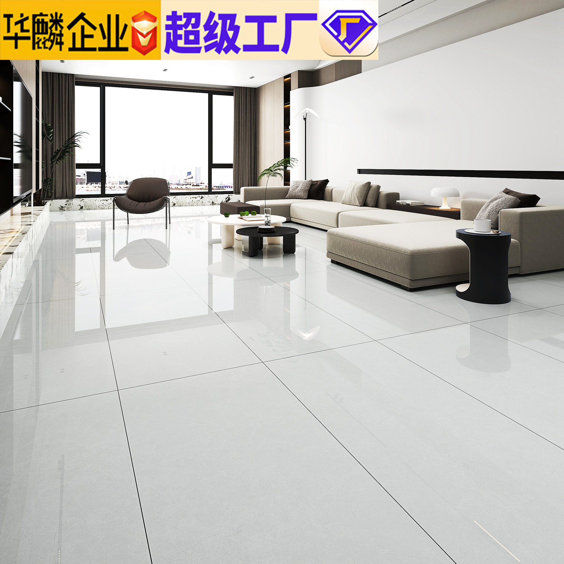 The Foshan factory tile 600 x 1200 deep gray floors in the Brick living room.