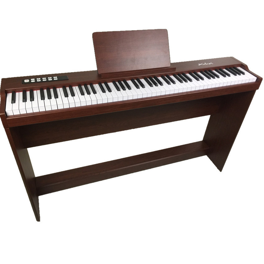 88 buttons of a brown electric piano with a two-person bench beginner to give an introspection of the piano's smart performance instrument.