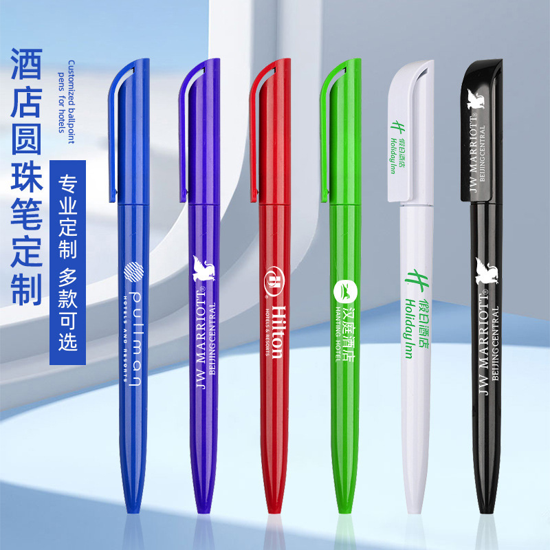 The classic twirling pen and plastic hotel signed the pen and the logo ordered the pen to spin the ad.