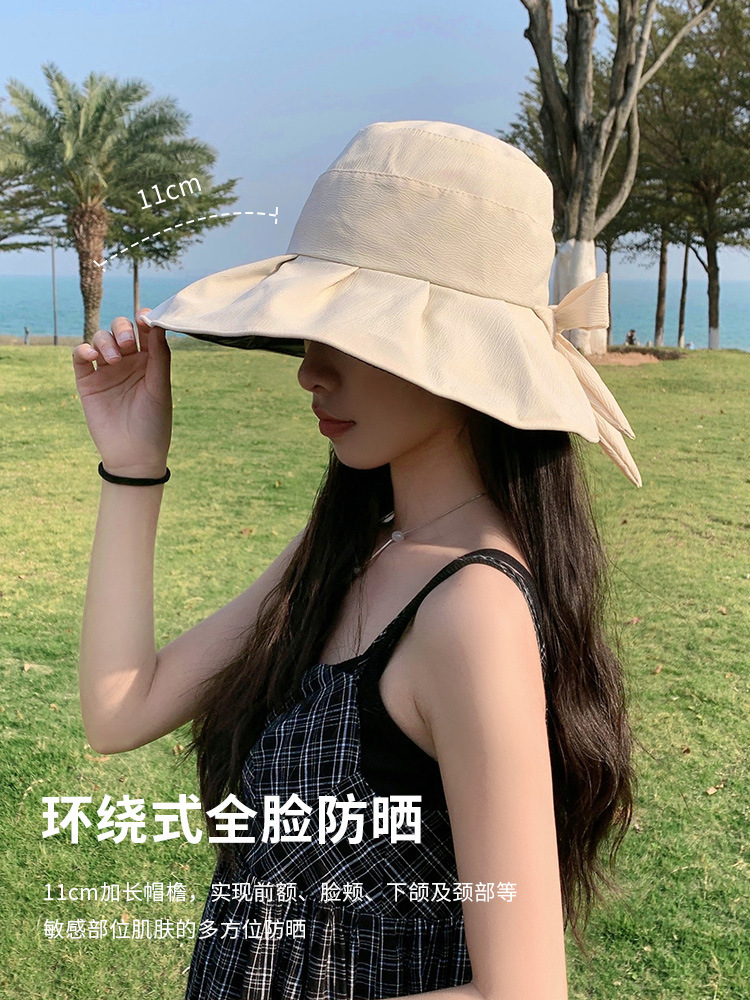 新款防曬帽女士夏季黑膠防紫外線蝴蝶結漁夫帽遮臉大帽檐遮陽帽子