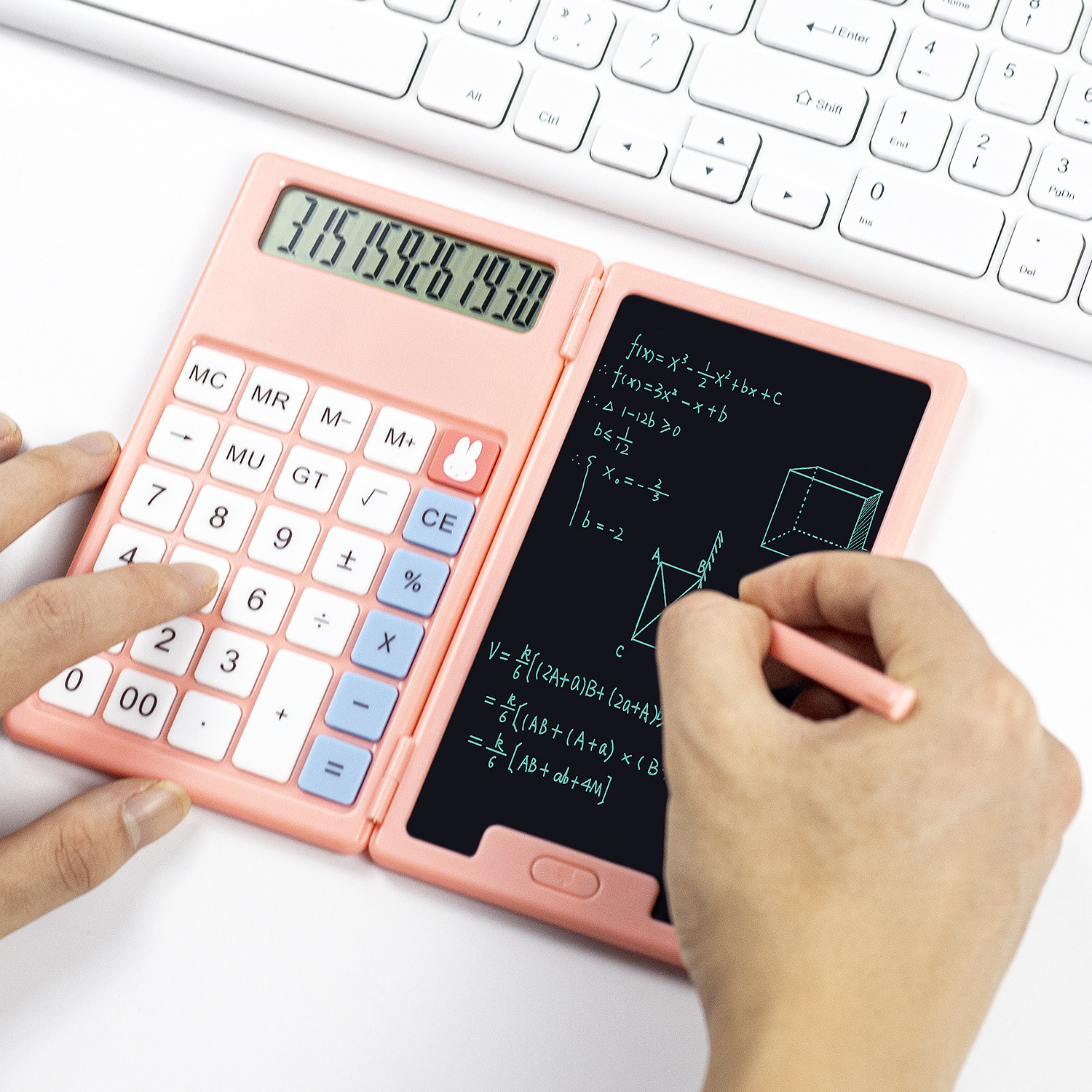 A large, miffy-mife pink child with a hand-written, high-paint calculator board