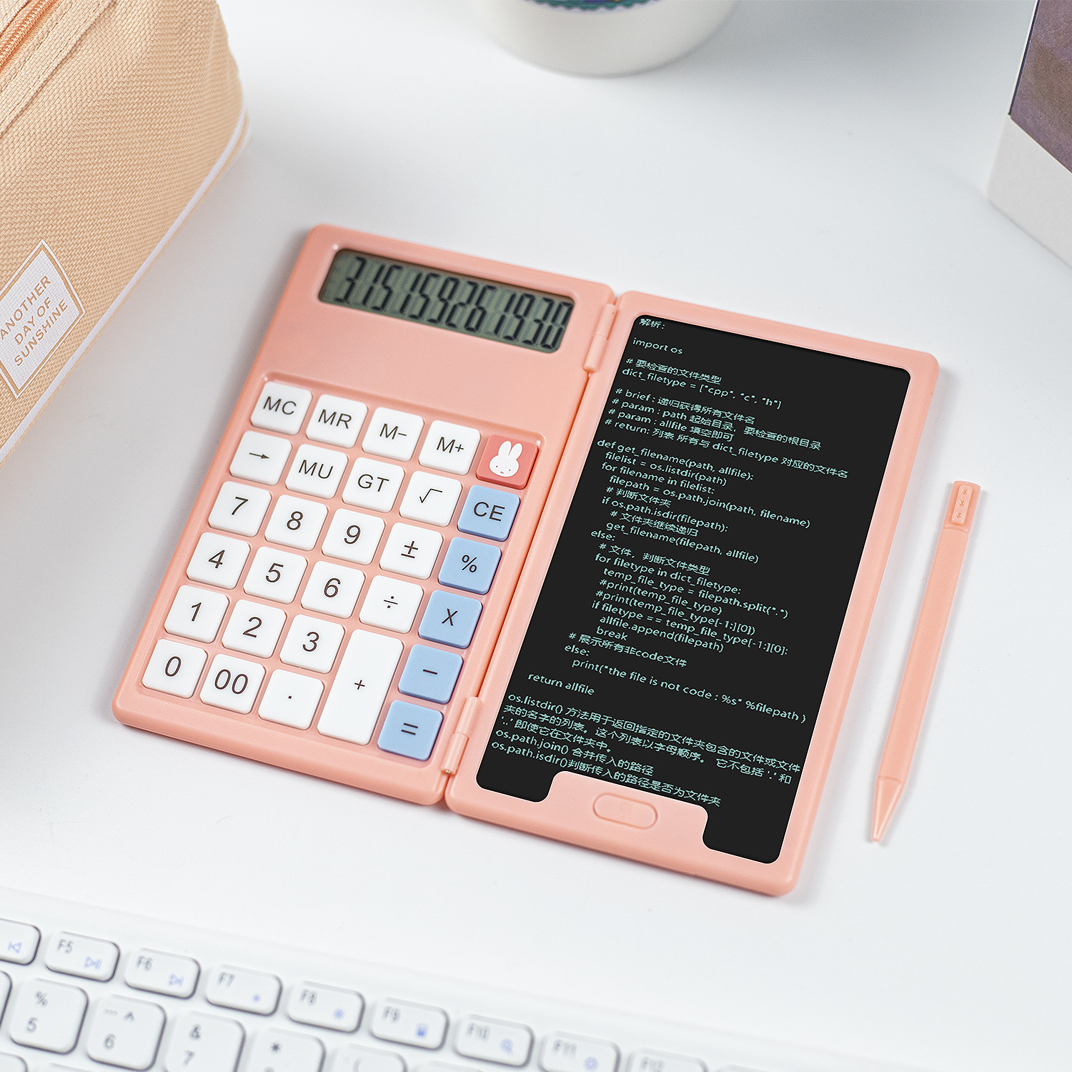 A large, miffy-mife pink child with a hand-written, high-paint calculator board