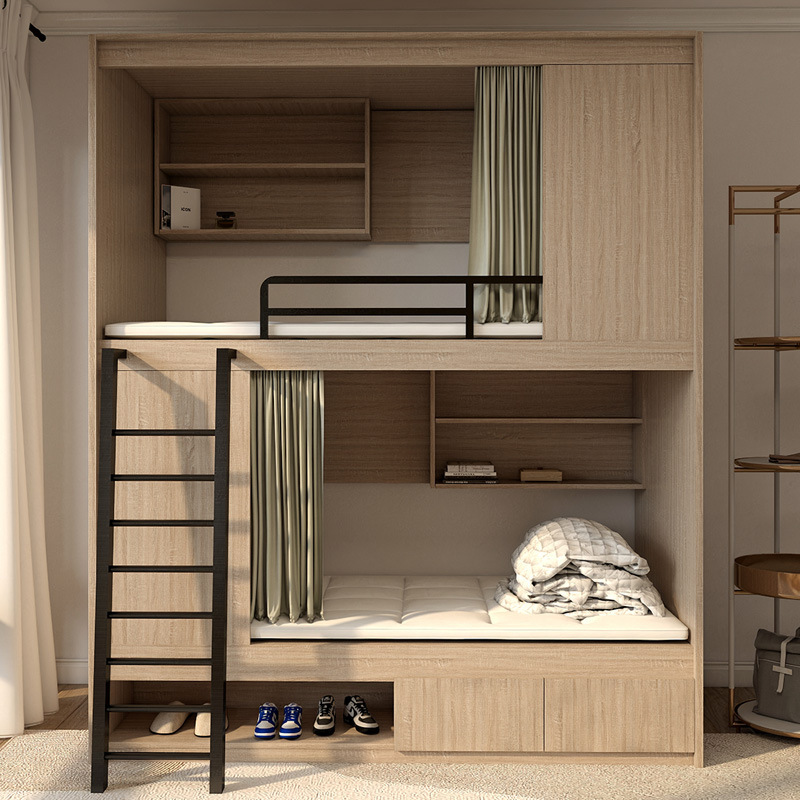 Under the bed of the students ' dormitory school apartment, a multi-purpose capsule bed, double-bedded with wood.