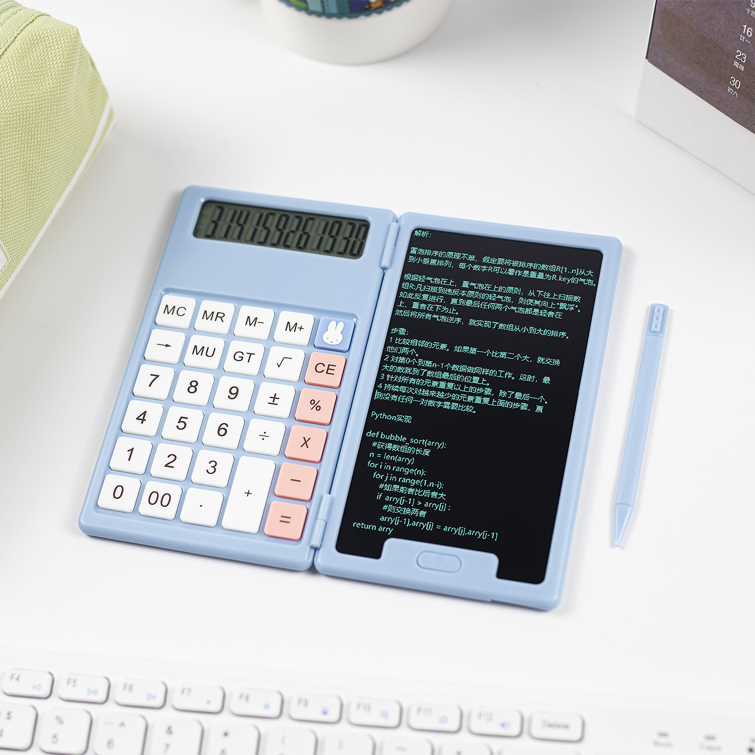 A large, miffy-mife pink child with a hand-written, high-paint calculator board