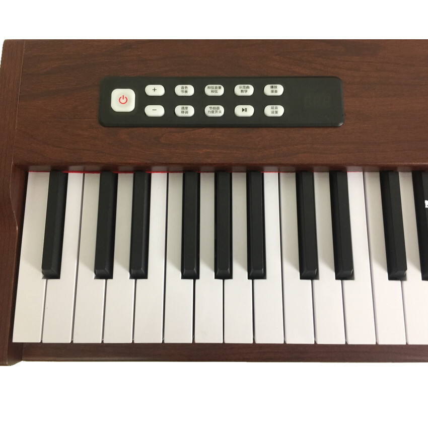 88 buttons of a brown electric piano with a two-person bench beginner to give an introspection of the piano's smart performance instrument.