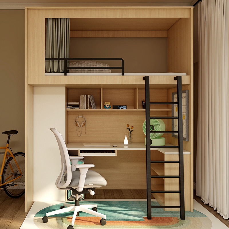 Under the bed of the students ' dormitory school apartment, a multi-purpose capsule bed, double-bedded with wood.