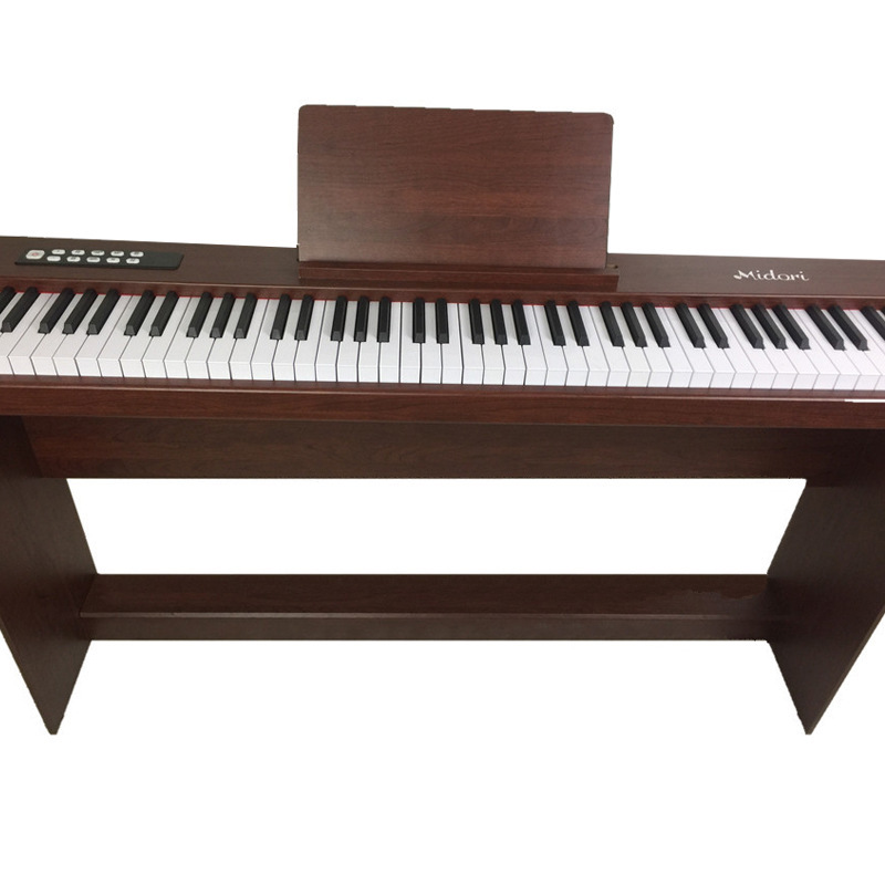 88 buttons of a brown electric piano with a two-person bench beginner to give an introspection of the piano's smart performance instrument.