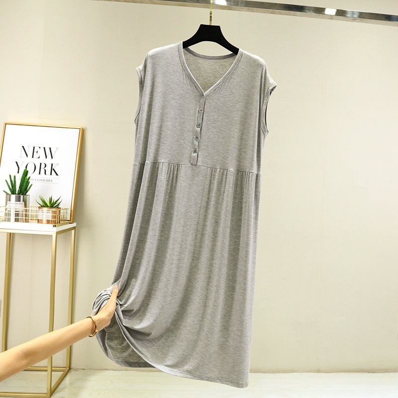 Quần áo ngủ của người chế biến, mùa hè mỏng, váy của phụ nữ lớn, nút còng dài hạn, váy.