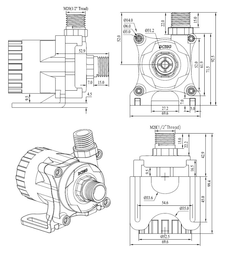 12V24V cold-water hot water cycle pump unpaved direct flow pump DC50G