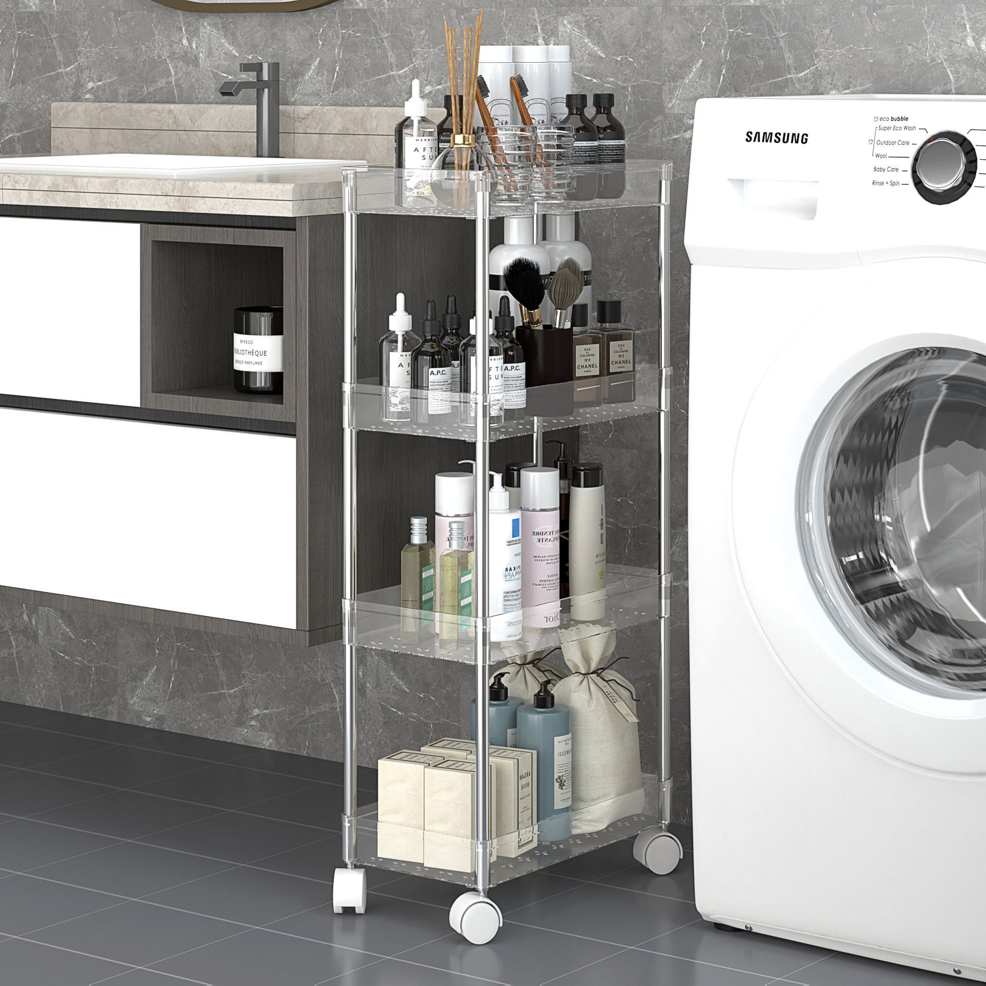 Các vết khâu nối bên phải nhà máy trong nhà bếp xe đẩy di động.