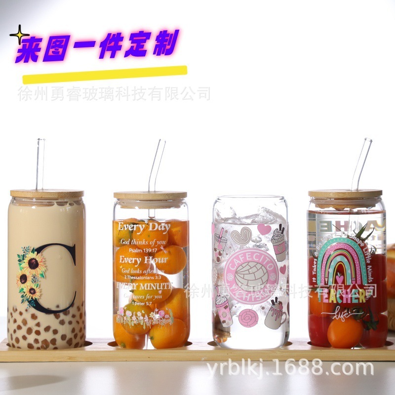 跨境16oz可乐杯吸管杯高硼硅玻璃水杯奶茶杯带盖果汁杯可乐杯套装