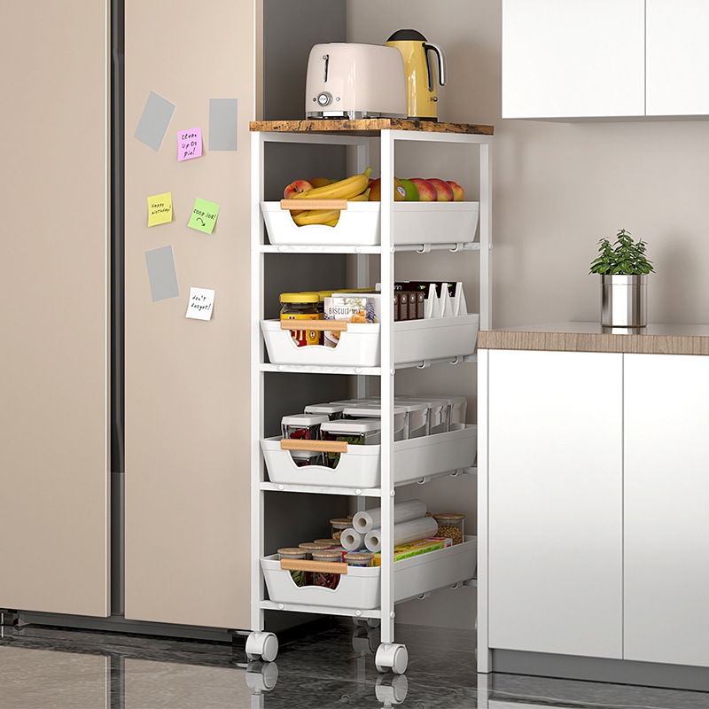 Chuẩn bị nhà bếp mà không có xe đẩy thả hàng cho tủ đựng trái cây và rau quả nhiều tầng.