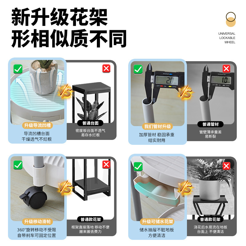 Một kệ hoa ngoài trời nhiều tầng bên ngoài phòng nhựa của Bắc Gardener và một bức xạ ngọc lam ngọc.