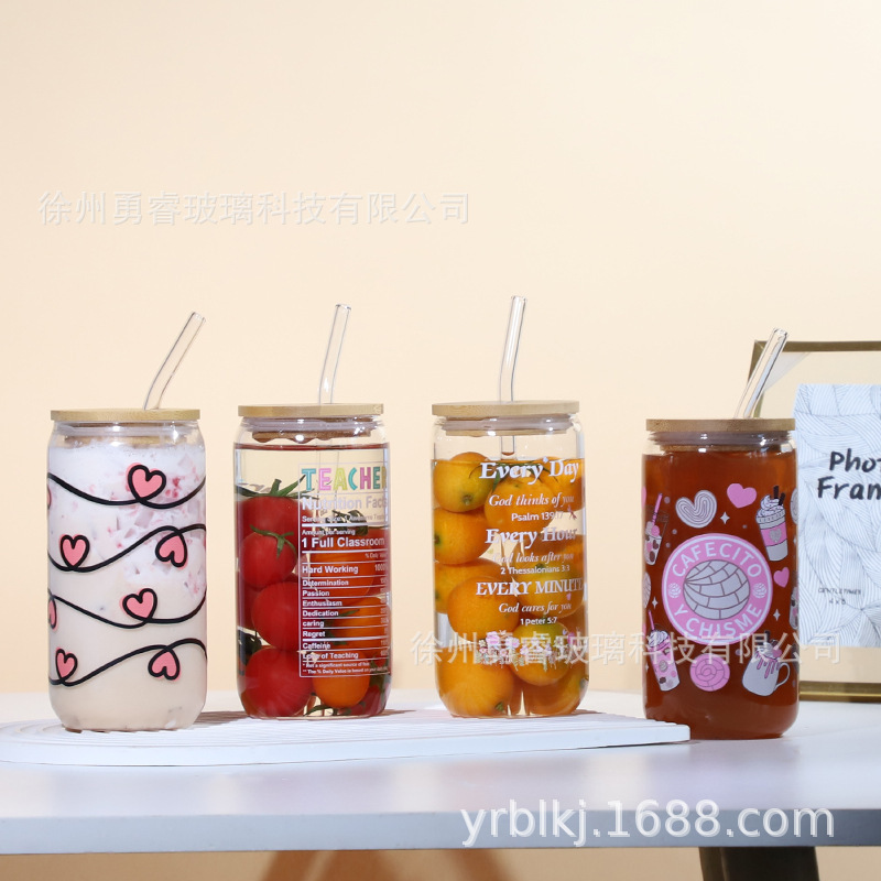 跨境16oz可乐杯吸管杯高硼硅玻璃水杯奶茶杯带盖果汁杯可乐杯套装