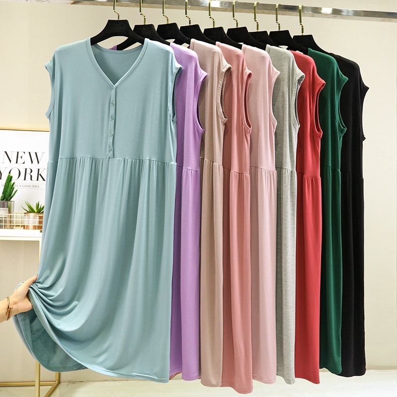 Quần áo ngủ của người chế biến, mùa hè mỏng, váy của phụ nữ lớn, nút còng dài hạn, váy.