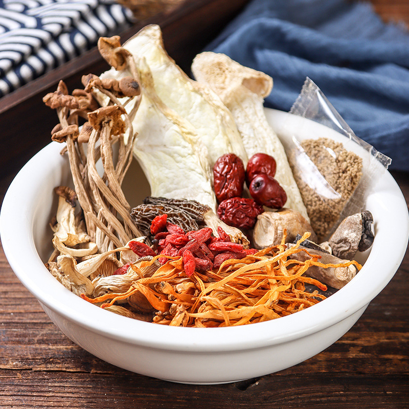 Yunan's specialty seven-coloured soup packs of goat-breeding fungus and mushrooms.