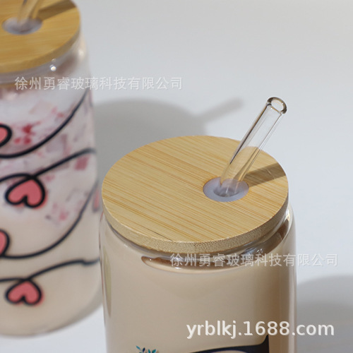 跨境16oz可乐杯吸管杯高硼硅玻璃水杯奶茶杯带盖果汁杯可乐杯套装