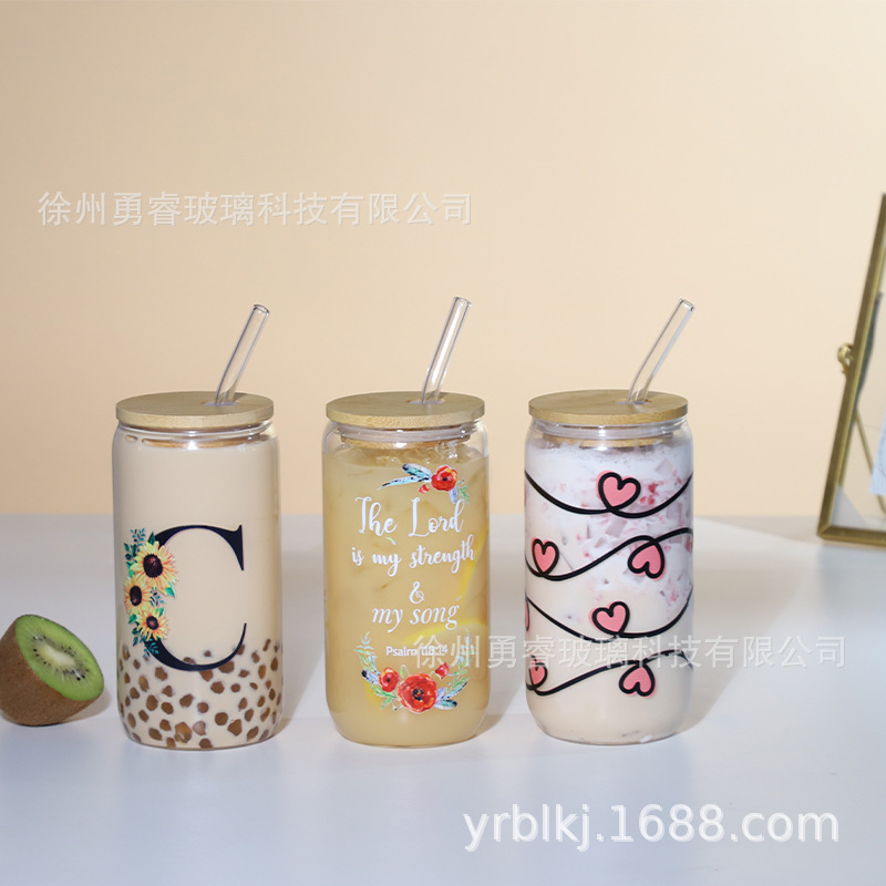 跨境16oz可乐杯吸管杯高硼硅玻璃水杯奶茶杯带盖果汁杯可乐杯套装