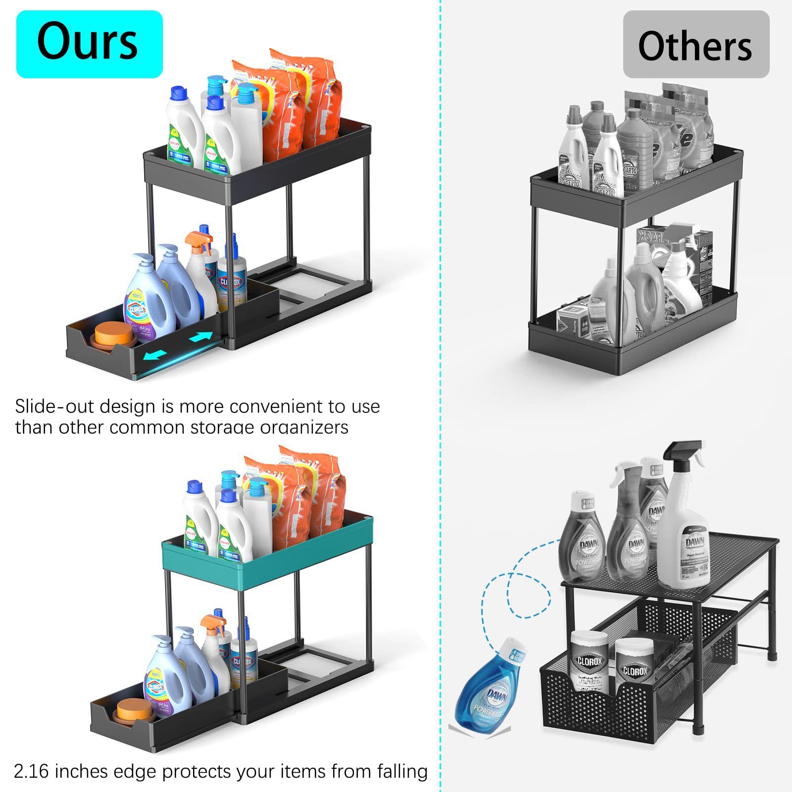Cái kệ hai tầng Amazon và bồn rửa dưới bếp để trang trí bàn gia vị.
