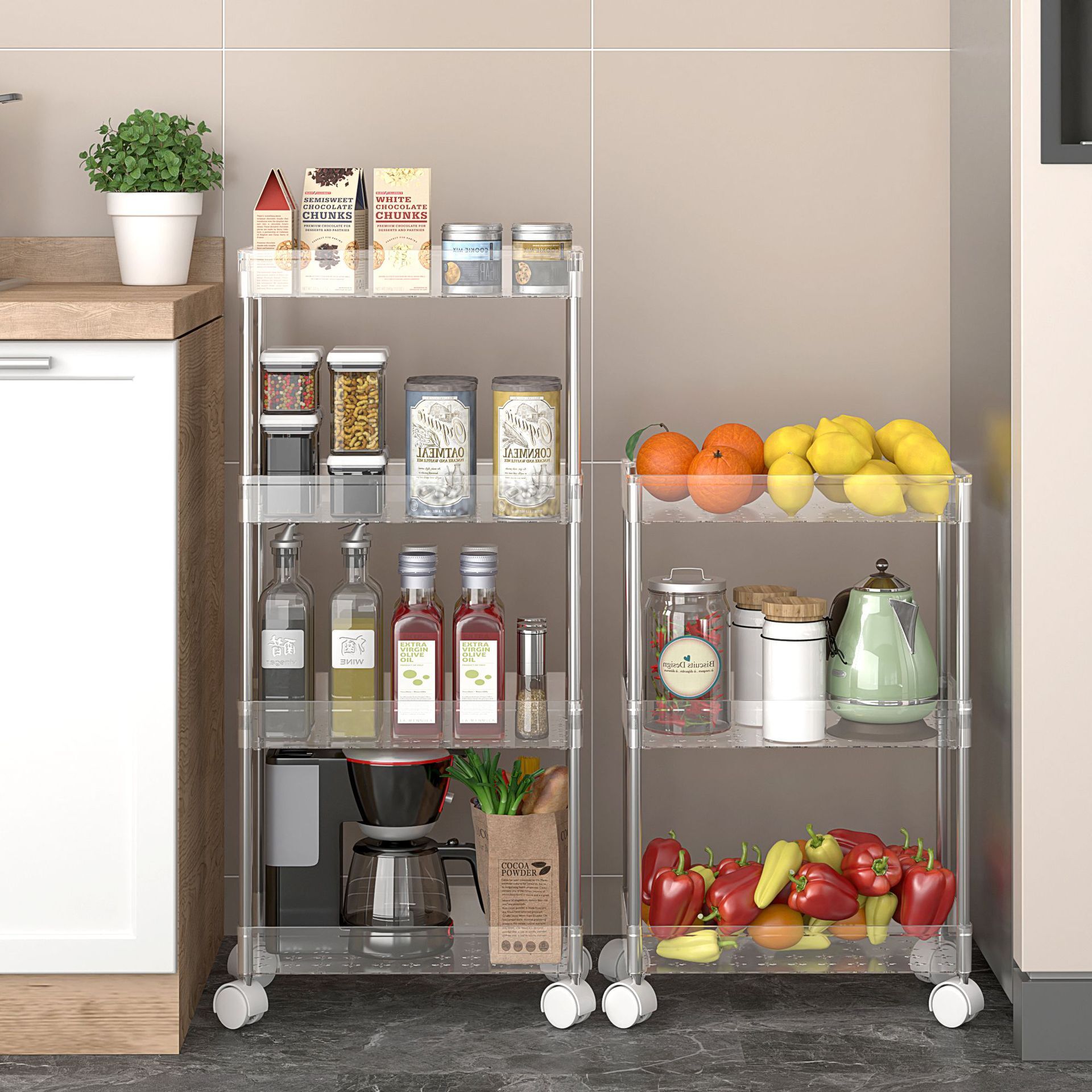 Các vết khâu nối bên phải nhà máy trong nhà bếp xe đẩy di động.
