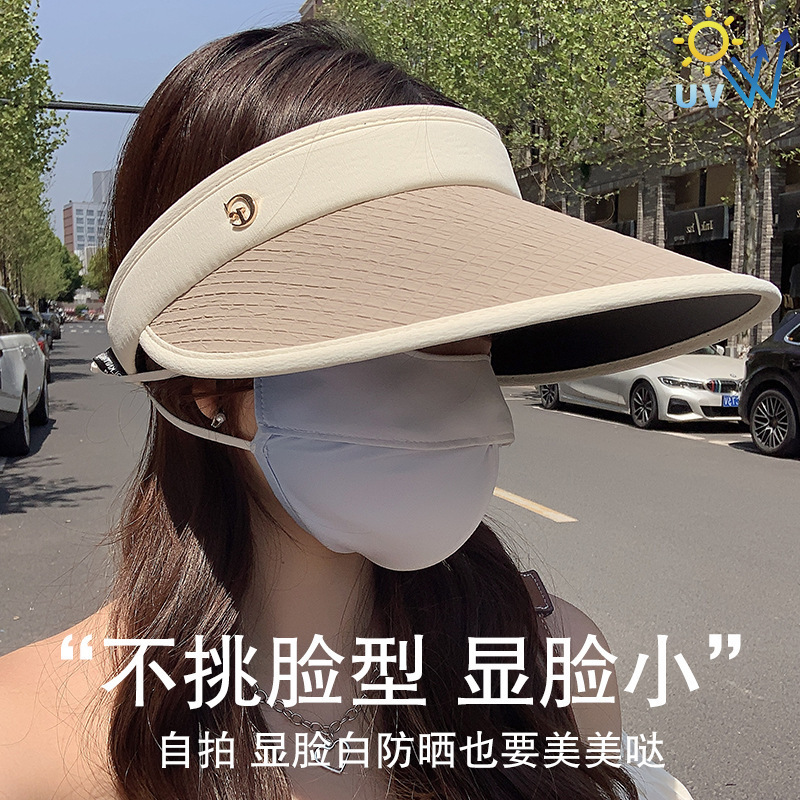 雙層不透光遮陽帽子女夏季UV防曬空頂帽防紫外線時尚白帶可摺疊