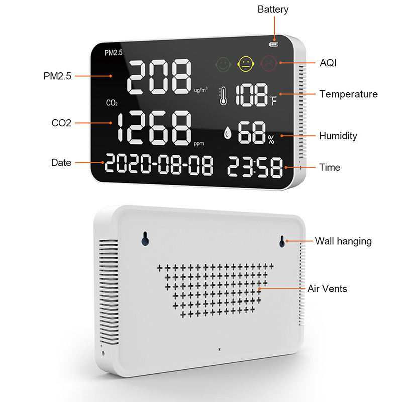 Walled carbon dioxide detector CO2 metr LED screen clock date