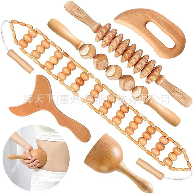 A wood massager shaving a glass of muscular acid pain relief wood therapy tool back massage wood roller suit