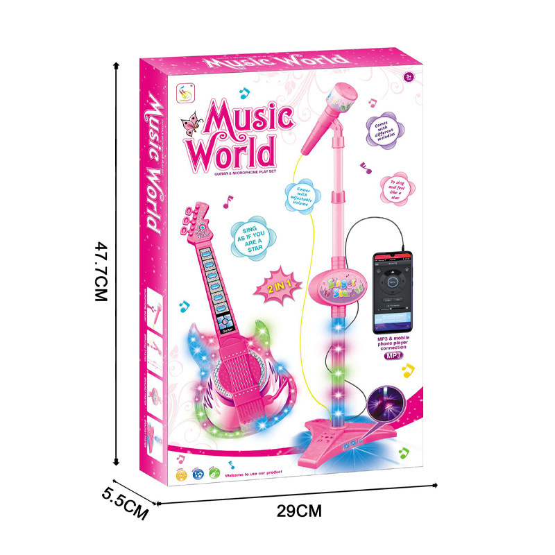 guitar hồng với hai micro và một hộp màu với trẻ em biểu diễn trò chơi tương tác với đồ chơi ánh sáng