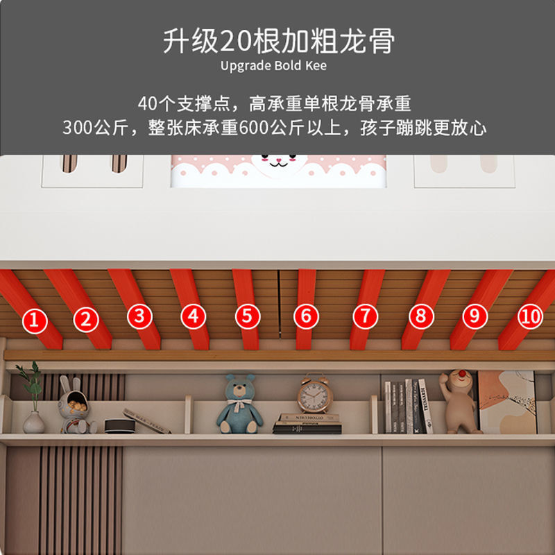 Giường với hai giường đầy gỗ, hai giường cao và thấp, dưới giường gỗ giường nhỏ giường trẻ em